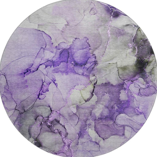 HomeRoots 8' Purple Gray Ivory Abstract Washable Round Rug - UV Protected, Stain Resistant, Durable Design 647311