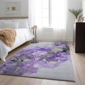 HomeRoots 10' X 14' Modern Abstract Area Rug in Purple, Gray & Ivory - Washable, UV Protected, Stain Resistant 647314