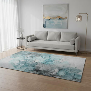 HomeRoots 5' X 8' Modern Teal Gray Ivory Abstract Area Rug - Washable, Durable, UV Protected for Everyday Use 647316
