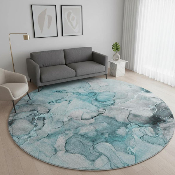 HomeRoots 8' Teal Gray & Ivory Abstract Round Rug - Washable, UV-Protected, Stylish for High-Traffic Areas 647317