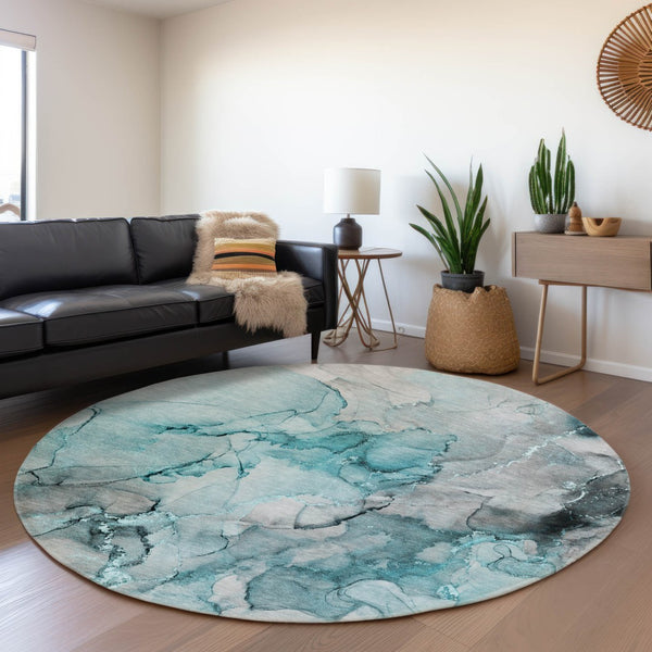 HomeRoots 8' Teal Gray & Ivory Abstract Round Rug - Washable, UV-Protected, Stylish for High-Traffic Areas 647317
