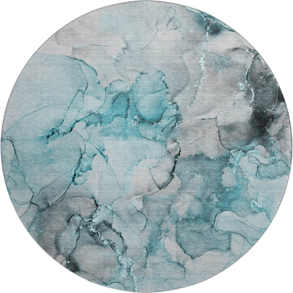 HomeRoots 8' Teal Gray & Ivory Abstract Round Rug - Washable, UV-Protected, Stylish for High-Traffic Areas 647317