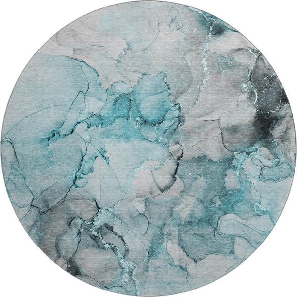 HomeRoots 8' Teal Gray & Ivory Abstract Round Rug - Washable, UV-Protected, Stylish for High-Traffic Areas 647317