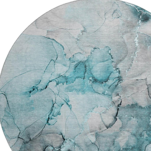 HomeRoots 8' Teal Gray & Ivory Abstract Round Rug - Washable, UV-Protected, Stylish for High-Traffic Areas 647317