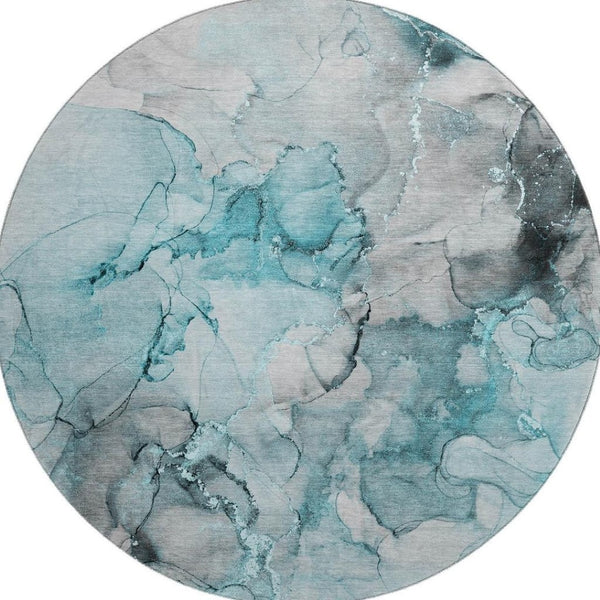 HomeRoots 8' Teal Gray & Ivory Abstract Round Rug - Washable, UV-Protected, Stylish for High-Traffic Areas 647317