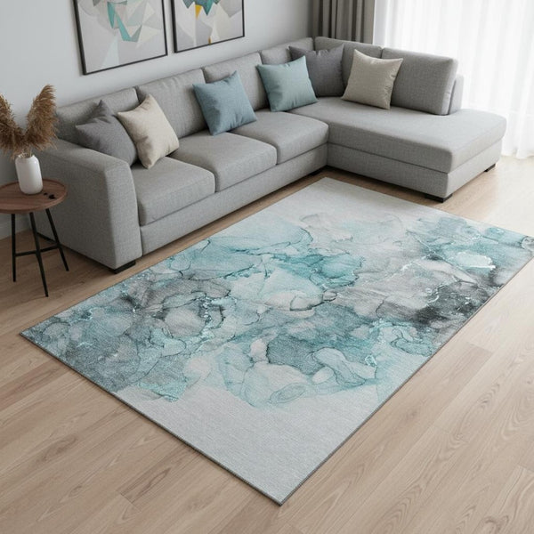 HomeRoots 8' X 10' Modern Teal Gray Ivory Abstract Washable Area Rug – UV Protected, Durable & Stylish Design 647318