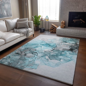 HomeRoots 8' X 10' Modern Teal Gray Ivory Abstract Washable Area Rug – UV Protected, Durable & Stylish Design 647318