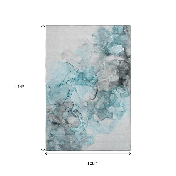 HomeRoots 9' X 12' Modern Abstract Teal Gray Ivory Area Rug - Durable, Stain Resistant, UV Protected Design 647319