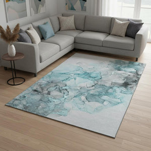 HomeRoots 9' X 12' Modern Abstract Teal Gray Ivory Area Rug - Durable, Stain Resistant, UV Protected Design 647319