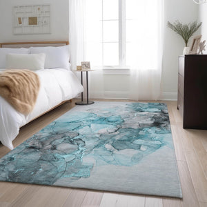 HomeRoots 9' X 12' Modern Abstract Teal Gray Ivory Area Rug - Durable, Stain Resistant, UV Protected Design 647319
