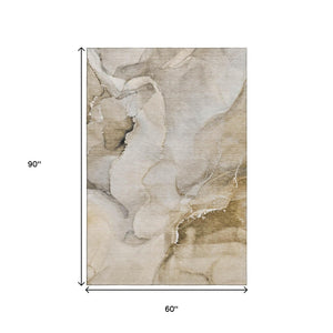 HomeRoots 5' X 8' Beige Abstract Washable Area Rug with UV Protection - Stylish, Durable & Easy-Care Design 647322