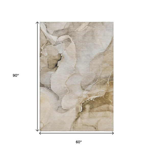 HomeRoots 5' X 8' Beige Abstract Washable Area Rug with UV Protection - Stylish, Durable & Easy-Care Design 647322
