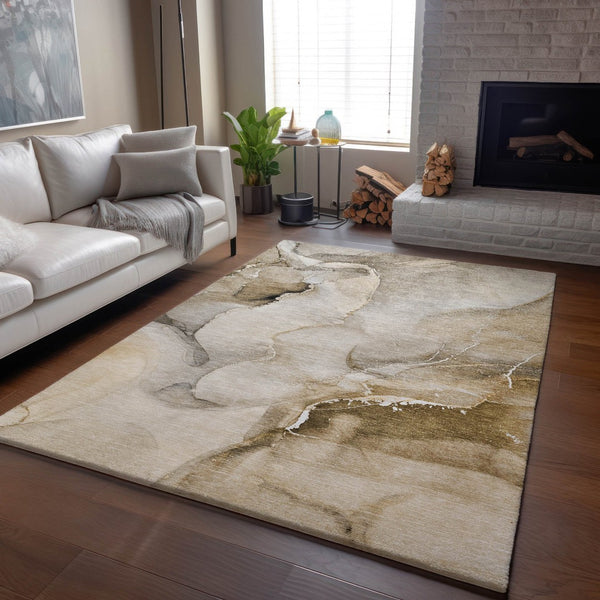 HomeRoots 5' X 8' Beige Abstract Washable Area Rug with UV Protection - Stylish, Durable & Easy-Care Design 647322