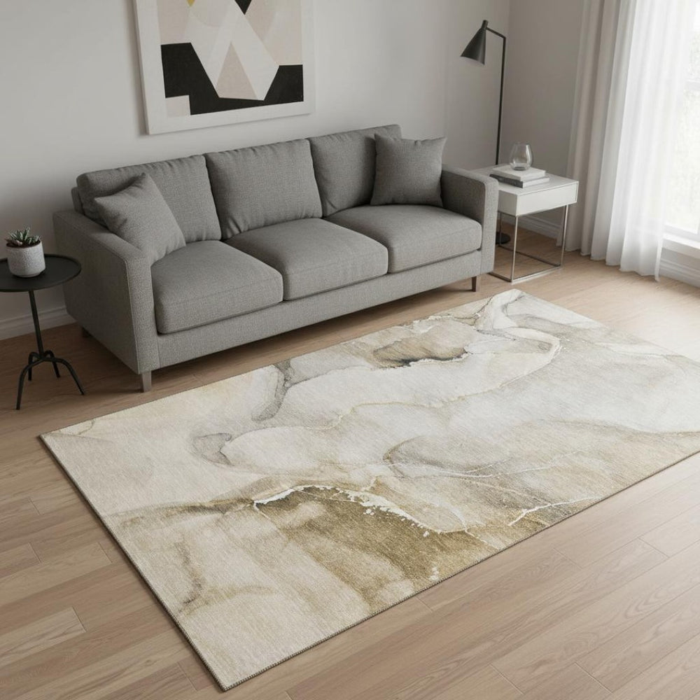 HomeRoots 5' X 8' Beige Abstract Washable Area Rug with UV Protection - Stylish, Durable & Easy-Care Design 647322
