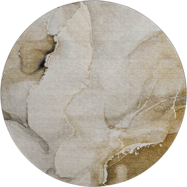HomeRoots 8' Beige and Ivory Abstract Round Rug - Washable, UV Protected, Pet-Friendly for Modern Spaces 647323