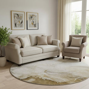 HomeRoots 8' Beige and Ivory Abstract Round Rug - Washable, UV Protected, Pet-Friendly for Modern Spaces 647323