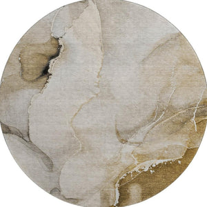 HomeRoots 8' Beige and Ivory Abstract Round Rug - Washable, UV Protected, Pet-Friendly for Modern Spaces 647323