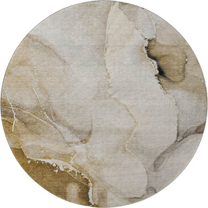 HomeRoots 8' Beige and Ivory Abstract Round Rug - Washable, UV Protected, Pet-Friendly for Modern Spaces 647323