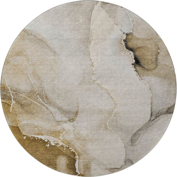 HomeRoots 8' Beige and Ivory Abstract Round Rug - Washable, UV Protected, Pet-Friendly for Modern Spaces 647323