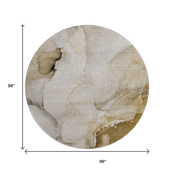 HomeRoots 8' Beige and Ivory Abstract Round Rug - Washable, UV Protected, Pet-Friendly for Modern Spaces 647323