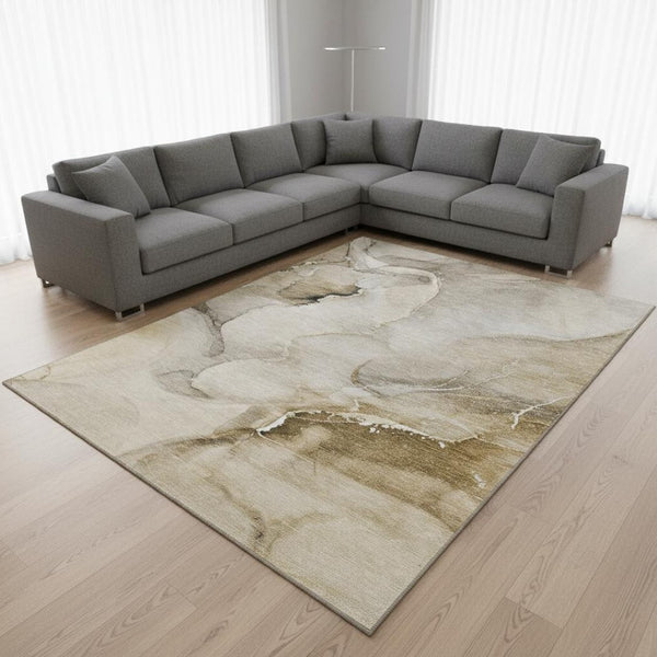 HomeRoots 8' X 10' Beige and Ivory Abstract Area Rug – Washable, UV Protected, Stylish & Durable for Any Room 647324