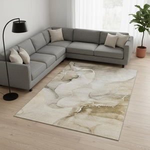 HomeRoots 9' X 12' Abstract Beige & Ivory Washable Area Rug - UV Protected, Stain Resistant, Modern Design 647325
