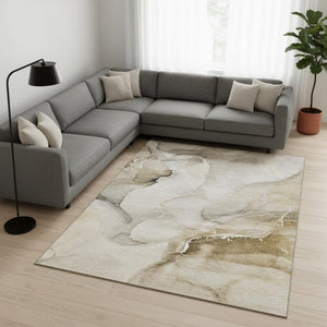 HomeRoots 10' X 14' Beige and Ivory Abstract Washable Area Rug - Stylish, Durable & Stain-Resistant Design! 647326