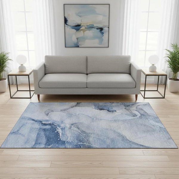 HomeRoots 5' X 8' Blue And Ivory Abstract Area Rug - Washable, UV-Protected, Stain-Resistant for Busy Homes 647328
