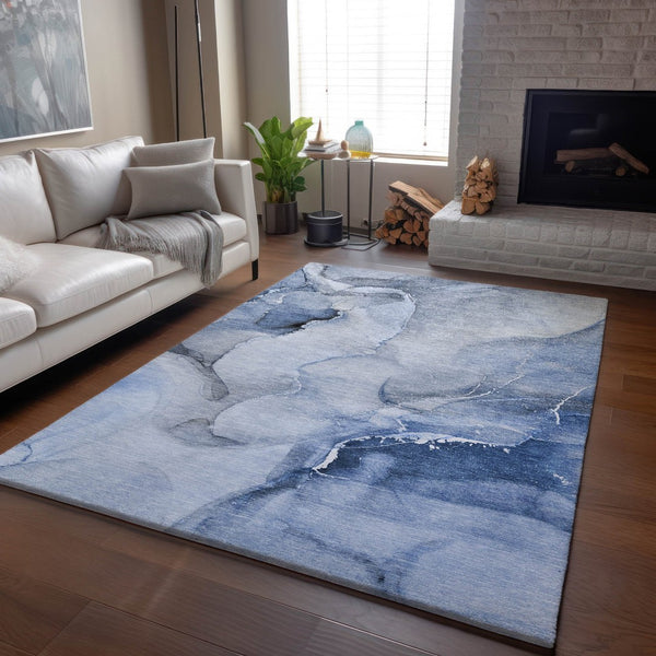 HomeRoots 5' X 8' Blue And Ivory Abstract Area Rug - Washable, UV-Protected, Stain-Resistant for Busy Homes 647328