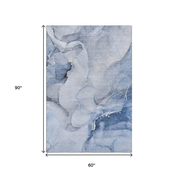 HomeRoots 5' X 8' Blue And Ivory Abstract Area Rug - Washable, UV-Protected, Stain-Resistant for Busy Homes 647328