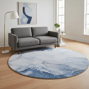 HomeRoots 8' Blue and Ivory Abstract Washable Round Rug - UV Protected, Durable Design for Modern Spaces 647329