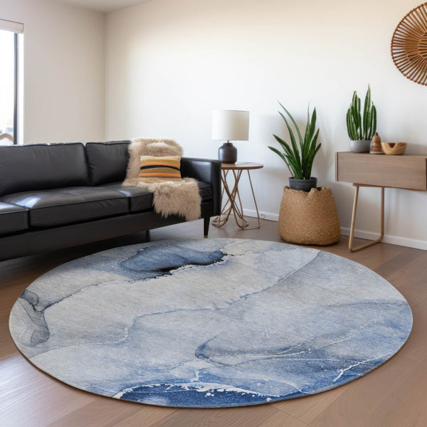 HomeRoots 8' Blue and Ivory Abstract Washable Round Rug - UV Protected, Durable Design for Modern Spaces 647329