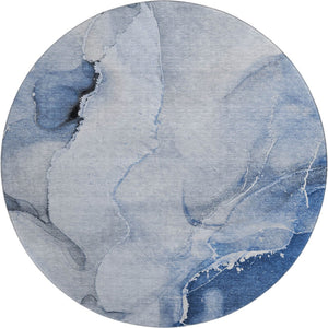 HomeRoots 8' Blue and Ivory Abstract Washable Round Rug - UV Protected, Durable Design for Modern Spaces 647329