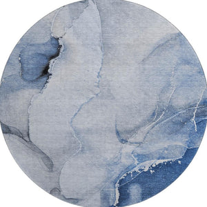 HomeRoots 8' Blue and Ivory Abstract Washable Round Rug - UV Protected, Durable Design for Modern Spaces 647329