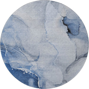 HomeRoots 8' Blue and Ivory Abstract Washable Round Rug - UV Protected, Durable Design for Modern Spaces 647329