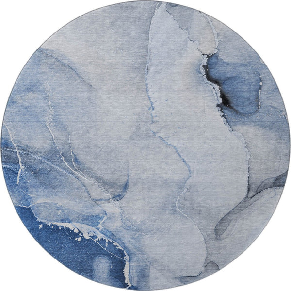 HomeRoots 8' Blue and Ivory Abstract Washable Round Rug - UV Protected, Durable Design for Modern Spaces 647329