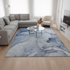 HomeRoots 9' X 12' Stylish Blue and Ivory Abstract Washable Area Rug - Durable, UV-Protected, Family-Friendly Design! 647331