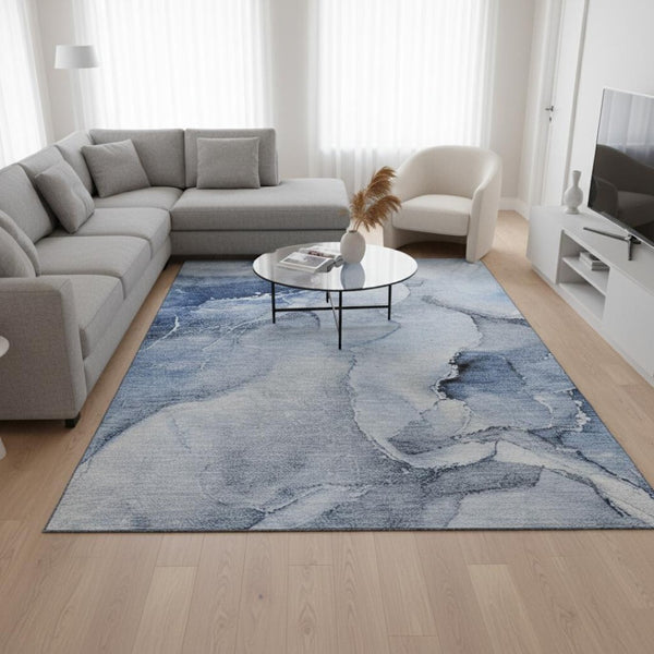 HomeRoots 9' X 12' Stylish Blue and Ivory Abstract Washable Area Rug - Durable, UV-Protected, Family-Friendly Design! 647331