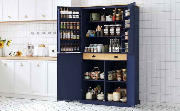 English Elm Topmax Freestanding Pantry Cabinet Blue Mdf with Drawers Door Shelves SP000046AAC