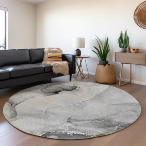 HomeRoots 8' Gray and Ivory Abstract Washable Round Rug – Durable, Stain Resistant, UV Protected for Modern Homes 647335