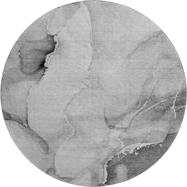 HomeRoots 8' Gray and Ivory Abstract Washable Round Rug – Durable, Stain Resistant, UV Protected for Modern Homes 647335