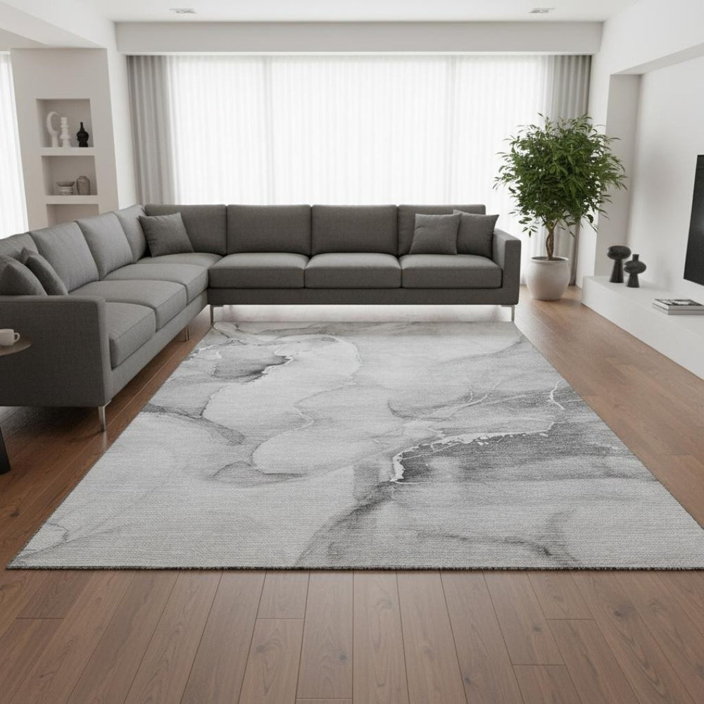HomeRoots 8' X 10' Gray and Ivory Abstract Washable Area Rug – Stylish, Durable, UV Protected for Family Spaces 647336