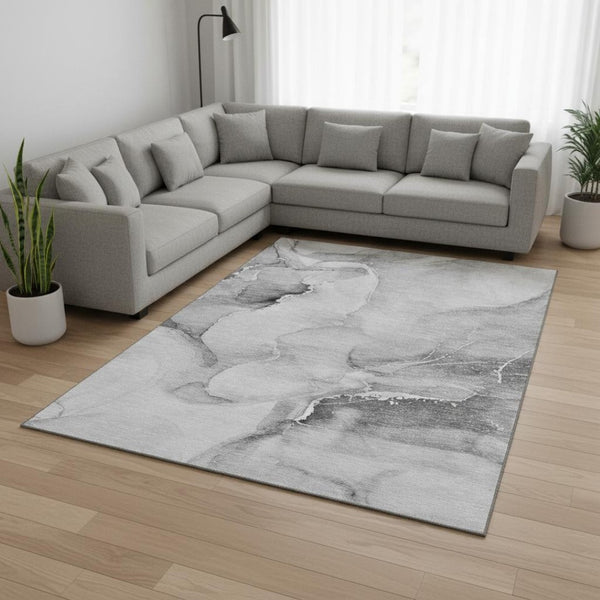 HomeRoots 10' X 14' Gray and Ivory Abstract Area Rug - Washable, UV Protected, Durable Design for Modern Spaces 647338