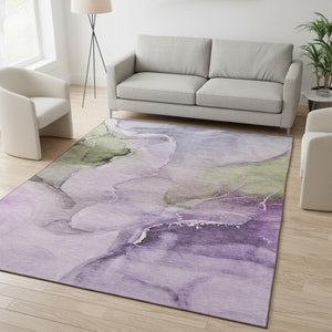 HomeRoots 5' X 8' Washable Purple, Ivory & Green Abstract Area Rug with UV Protection for Modern Homes 647340