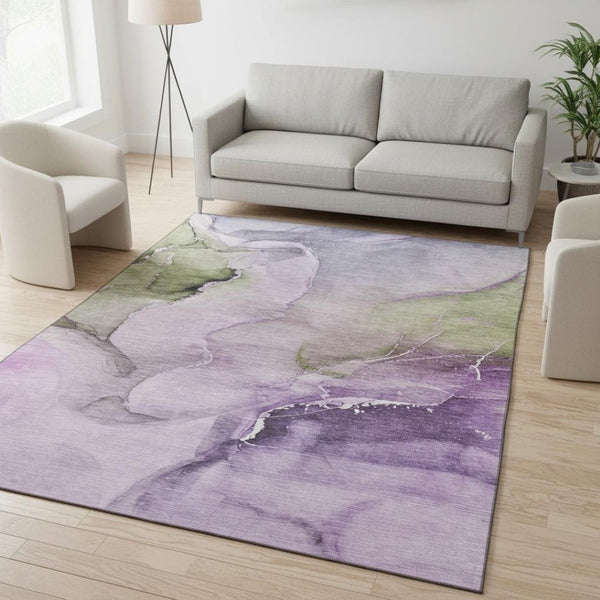 HomeRoots 5' X 8' Washable Purple, Ivory & Green Abstract Area Rug with UV Protection for Modern Homes 647340