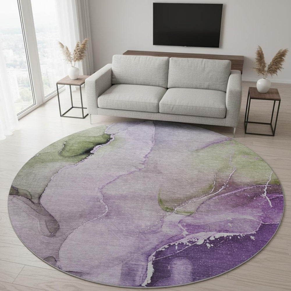 HomeRoots 8' Stylish Purple, Ivory & Green Abstract Washable Round Rug – UV Protected, Family-Friendly Design! 647341