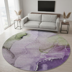 HomeRoots 8' Stylish Purple, Ivory & Green Abstract Washable Round Rug – UV Protected, Family-Friendly Design! 647341