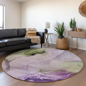 HomeRoots 8' Stylish Purple, Ivory & Green Abstract Washable Round Rug – UV Protected, Family-Friendly Design! 647341