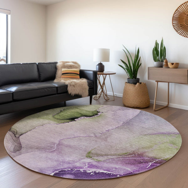 HomeRoots 8' Stylish Purple, Ivory & Green Abstract Washable Round Rug – UV Protected, Family-Friendly Design! 647341