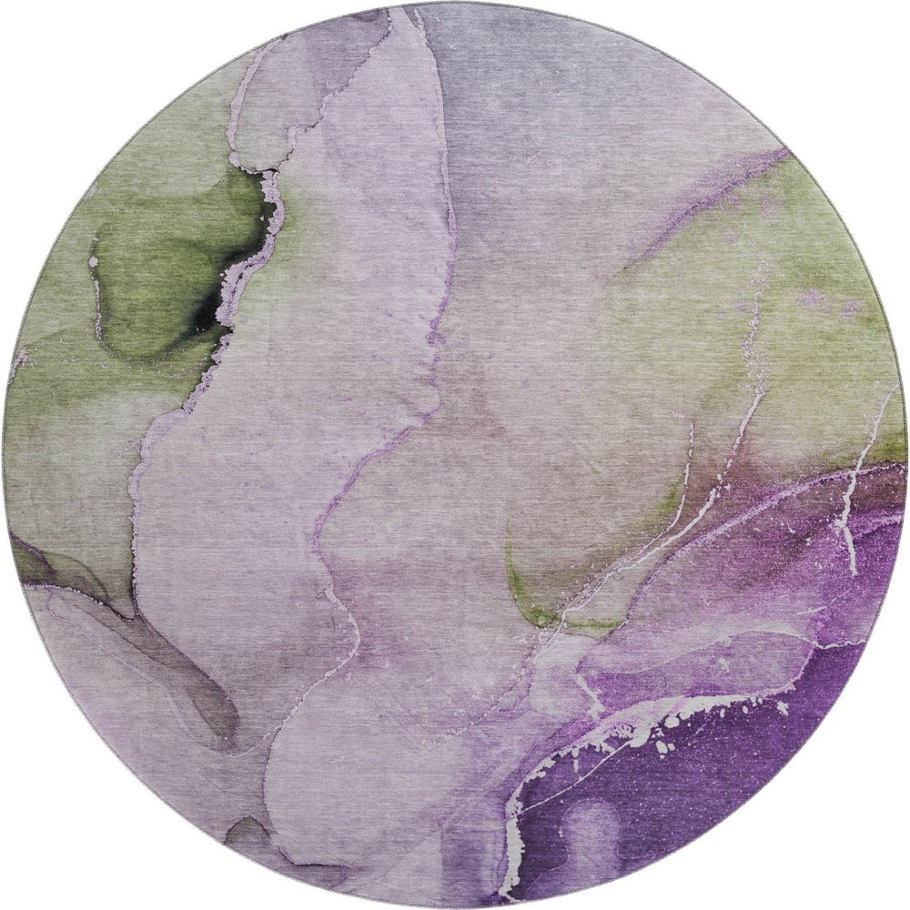 HomeRoots 8' Stylish Purple, Ivory & Green Abstract Washable Round Rug – UV Protected, Family-Friendly Design! 647341